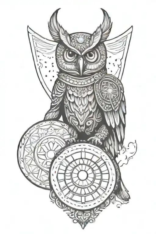A warrior holding a shield with an owl design and an evil eye symbol tattoo design idea
