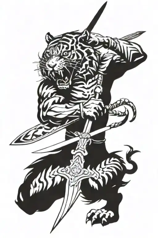 A fierce warrior wielding a tiger-striped sword intertwined tattoo design idea