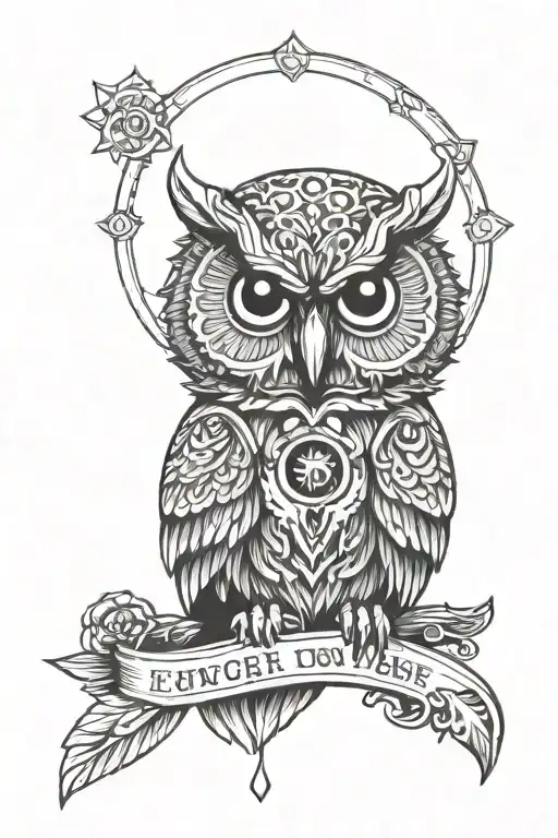 An owl wearing a law enforcement badge with an evil eye pendant tattoo design idea