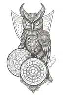 A warrior holding a shield with an owl design and an evil eye symbol tattoo design idea