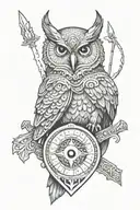 A warrior holding a shield with an owl design and an evil eye symbol tattoo design idea