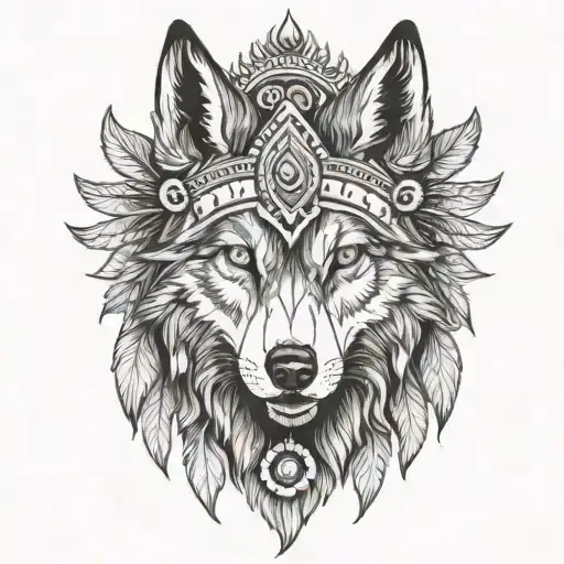 wolf head in indian headdress   tattoo design idea