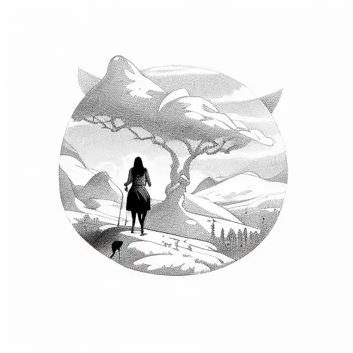 a valley with the silhouette of a woman walking through with a shepherd, the shadow of death looming over the valley tattoo design idea