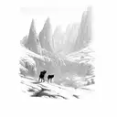 a valley with the silhouette of a woman walking through with a shepherd, the shadow of death looming over the valley tattoo design idea