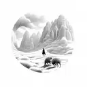 a valley with the silhouette of a woman walking through with a shepherd, the shadow of death looming over the valley tattoo design idea