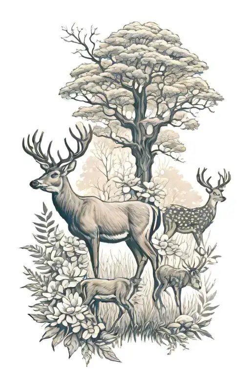 Forest with deer and flowers and animals tattoo design idea