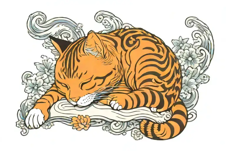 orange cat sleeping tattoo design idea