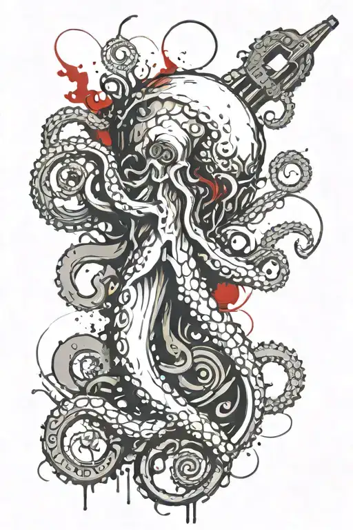Octopus wraps itself around Poseidon's trident surrounded tattoo design idea