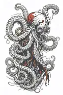 Octopus wraps itself around Poseidon's trident surrounded tattoo design idea