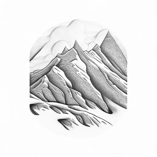An intricate black and grey design of a mountain landscape with a hidden image of your wife, baby boy, and white labrador dog incorporated into it tattoo design idea
