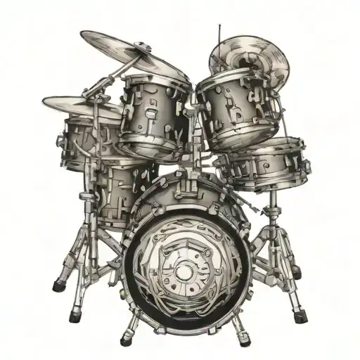 A drum set made out of dental instruments, with film reel decorations tattoo design idea