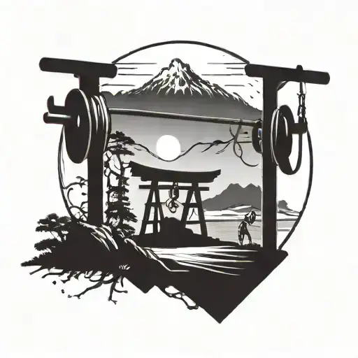 A mountain landscape with a gym equipment silhouette in the foreground tattoo design idea