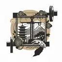 A mountain landscape with a gym equipment silhouette in the foreground tattoo design idea