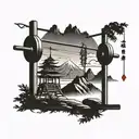 A mountain landscape with a gym equipment silhouette in the foreground tattoo design idea