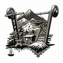A mountain landscape with a gym equipment silhouette in the foreground tattoo design idea