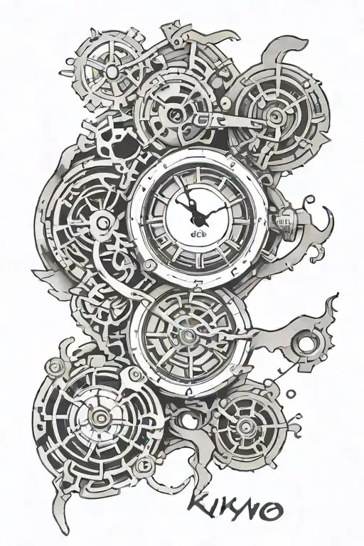 ukiyo style tattoo,broken watch,japanese word 'love' written tattoo design idea