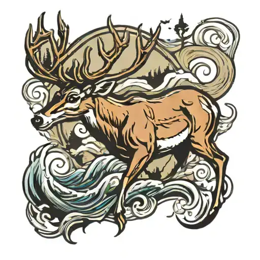 whitetail deer and fish jumping tattoo design idea