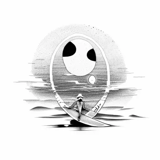 A serene sunset over a surfboard on a calm ocean tattoo design idea