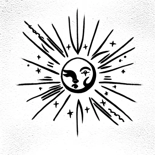 the sun, the moon and three stars tied uptied up up with a red string tattoo design idea
