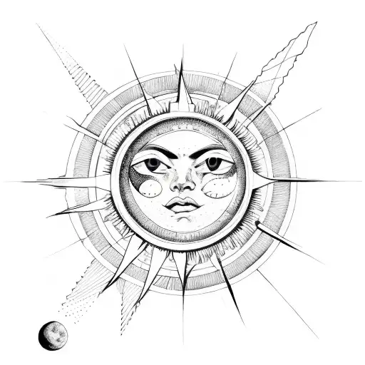 the sun, the moon and three stars tied up with a red string, every element apart  tattoo design idea
