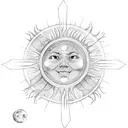 the sun, the moon and three stars tied up with a red string, every element apart  tattoo design idea