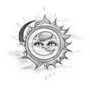 the sun, the moon and three stars tied up with a red string, every element apart  tattoo design idea