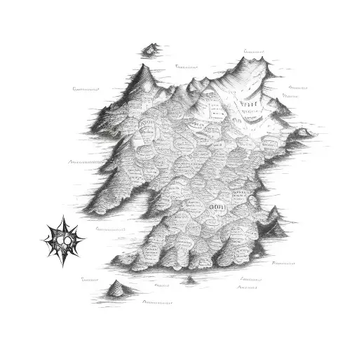 fantasy map with banners at locations across the map tattoo design idea