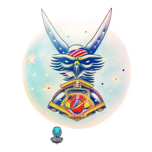 Guerrero águila con cuerpo humano con un arma grande que es un cuchillo de chef con fondo una galaxia de color rojo y un tattoo design idea