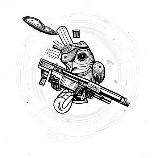 Guerrero águila con cuerpo humano con un arma grande que es un cuchillo de chef con fondo una galaxia de color rojo y un tattoo design idea