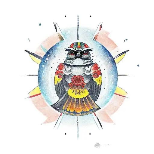 Guerrero águila con cuerpo humano con un arma grande que es un cuchillo de chef con fondo una galaxia de color rojo y un tattoo design idea