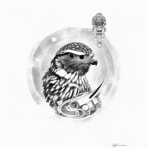 Guerrero águila con cuerpo humano con un arma grande que es un cuchillo de chef con fondo una galaxia de color rojo y un tattoo design idea