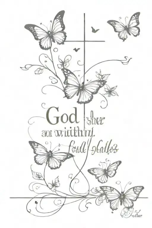 Cross and butterflys flying Words god is within her, she will not fall  tattoo design idea