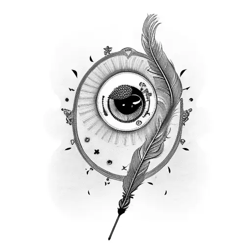 flute with peacock feather and three symbols are the bottom or on the body - jupiter planet, number 3 and leo sunsigh tattoo design idea