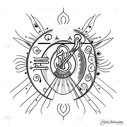 flute with peacock feather and three charms - jupiter planet, number 3 and leo sunsigh tattoo design idea