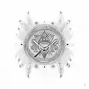 flute with peacock feather and three symbols are the bottom or on the body - jupiter planet, number 3 and leo sunsigh tattoo design idea