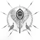 flute with peacock feather and three symbols are the bottom or on the body - jupiter planet, number 3 and leo sunsigh tattoo design idea