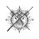 flute with peacock feather and three symbols are the bottom or on the body - jupiter planet, number 3 and leo sunsigh tattoo design idea