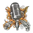 old style microphone surrounded by fire  tattoo design idea