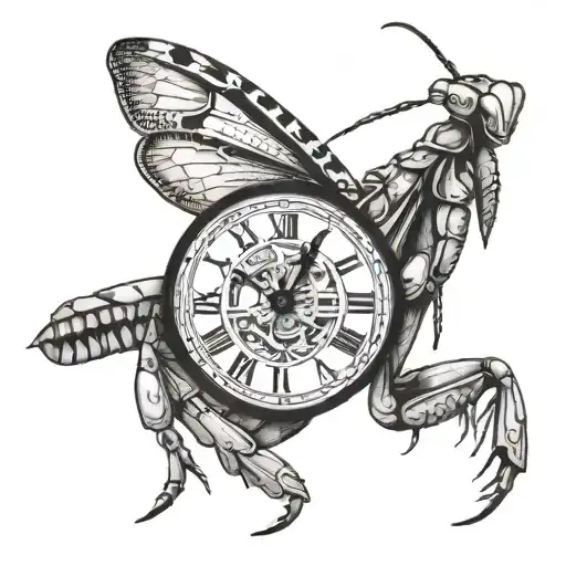 praying mantis, Roman numerals, clock tattoo design idea