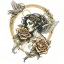 rose and ancient roman angels tattoo design idea