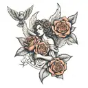 rose and ancient roman angels tattoo design idea