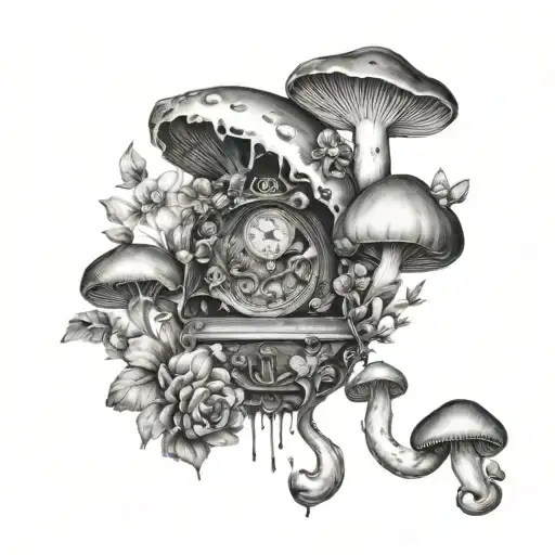 black and white chest and collar bone piece alice in wonderland mushrooms and flowers  tattoo design idea