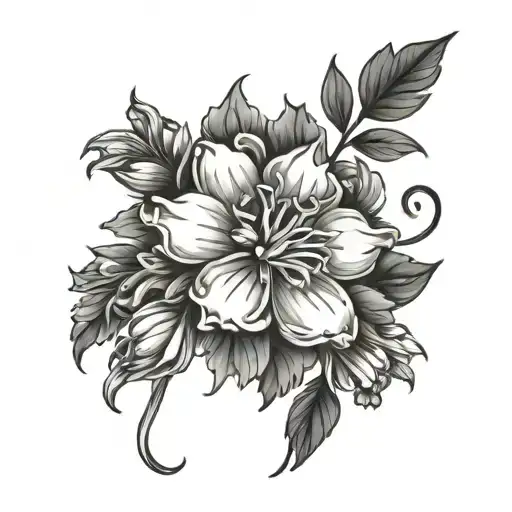 larkspur, chrysanthemum, sweet pea flower tattoo design idea