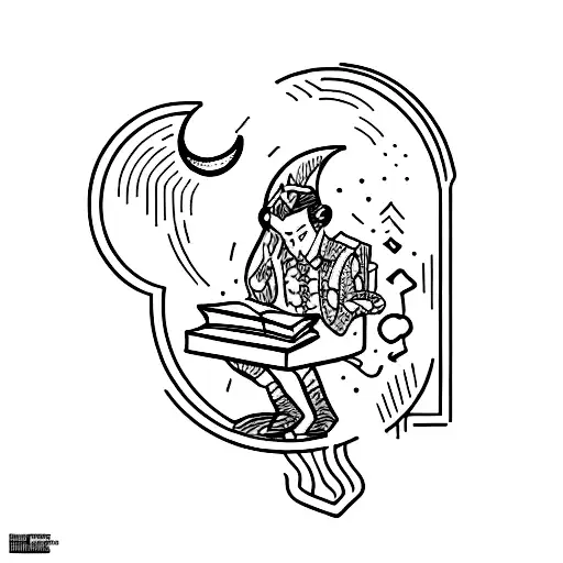 A vintage-inspired blackwork tattoo of a stylish introverted character reading a classic comic book under a crescent moon tattoo design idea