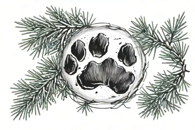 paw print. with a circle of juniper branch around it tattoo design idea