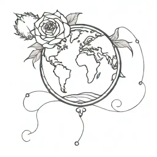 world globe with roses and scottish thistle intertwined tattoo design idea