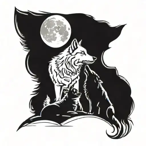 Two wolves and two baby wolves howling moon tattoo design idea