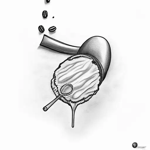 A black-grey tattoo of a drumstick hitting a coffee bean tattoo design idea