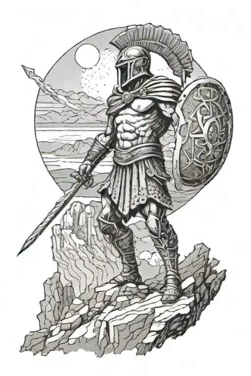A spartan warrior standing on a cliff overlooking a vast wilderness tattoo design idea