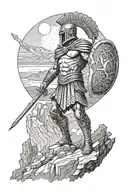A spartan warrior standing on a cliff overlooking a vast wilderness tattoo design idea